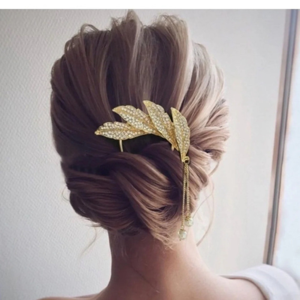 Gold Leaf Hair Pin Rhinestone Bridal Hair Accessory Elegant Updo Clip​​​​​ NWT